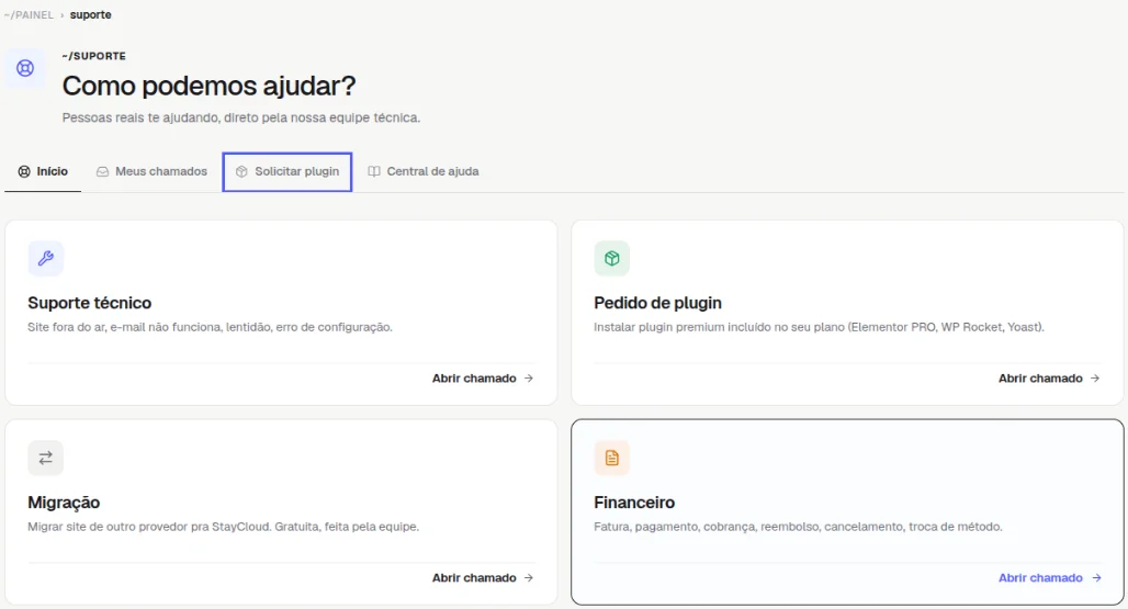 Página Suporte com a aba Solicitar plugin destacada e os cartões Suporte técnico, Pedido de plugin, Migração e Financeiro