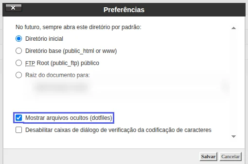 Janela Preferências do Gerenciador de arquivos com a opção Mostrar arquivos ocultos (dotfiles) marcada e destacada