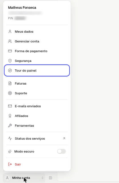 Menu Minha conta aberto com a opção Tour do painel destacada