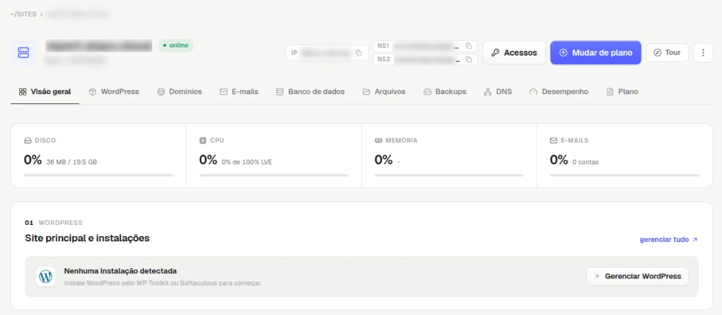 Topo da página do site com os campos IP, NS1 e NS2, valores borrados, cada um com ícone de copiar, e o botão Acessos