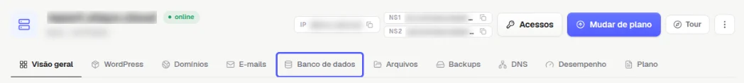 Fileira de abas da página do site com a aba Banco de dados destacada
