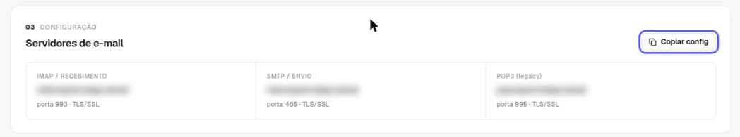 Bloco Servidores de e-mail com IMAP recebimento porta 993, SMTP envio porta 465 e POP3 legacy porta 995, todos com TLS/SSL, endereços borrados e o botão Copiar config destacado