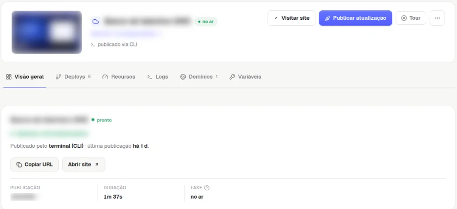 Visão geral do projeto com o estado pronto, a origem da publicação, os botões Copiar URL e Abrir site e os dados Publicação, Duração e Fase