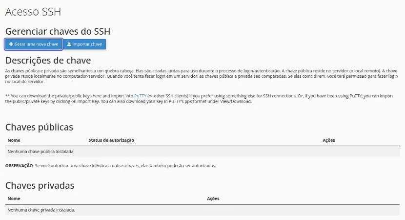 Página Gerenciar chaves do SSH com o botão Gerar uma nova chave destacado ao lado de Importar chave, e as listas Chaves públicas e Chaves privadas vazias