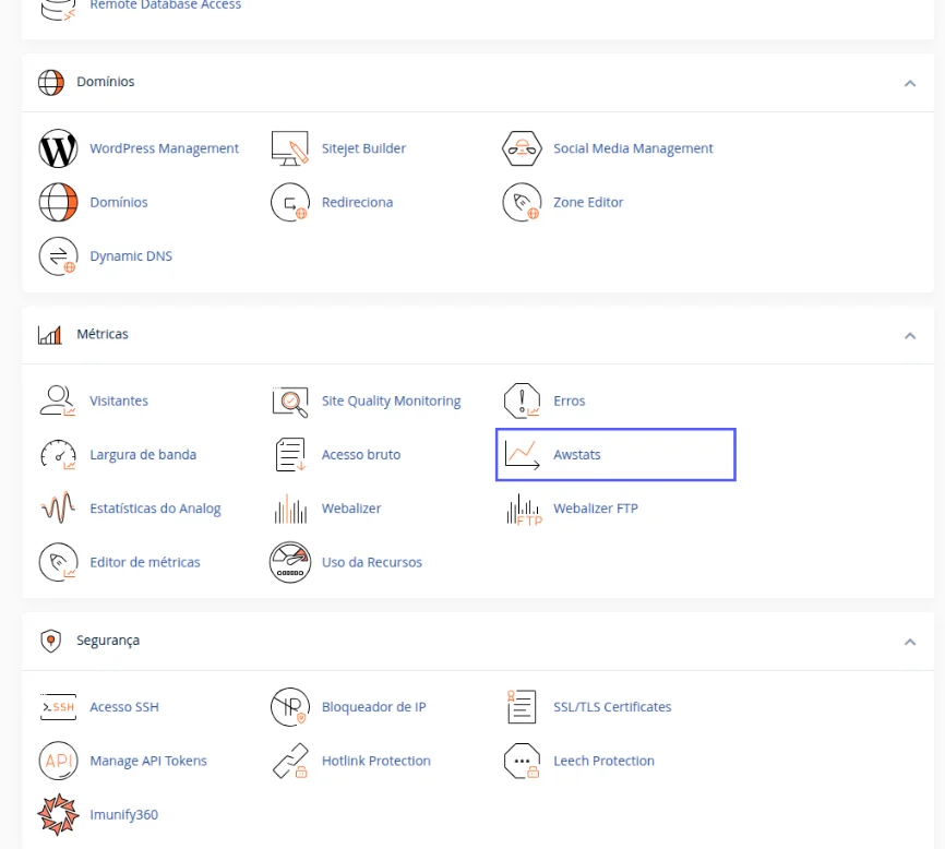 Bloco Métricas da tela inicial do cPanel com o ícone Awstats destacado