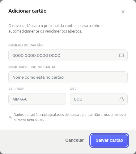 Janela Adicionar cartão com os campos número do cartão, nome impresso, validade e CVV, o aviso de criptografia e o botão Salvar cartão destacado
