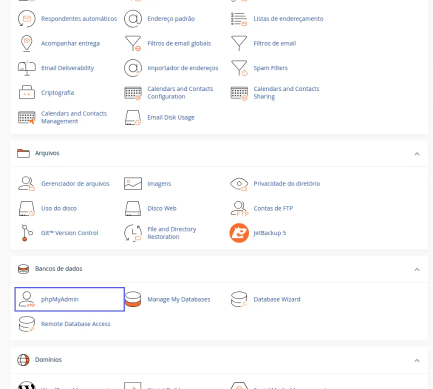 Bloco Bancos de dados da tela inicial do cPanel com o ícone phpMyAdmin destacado