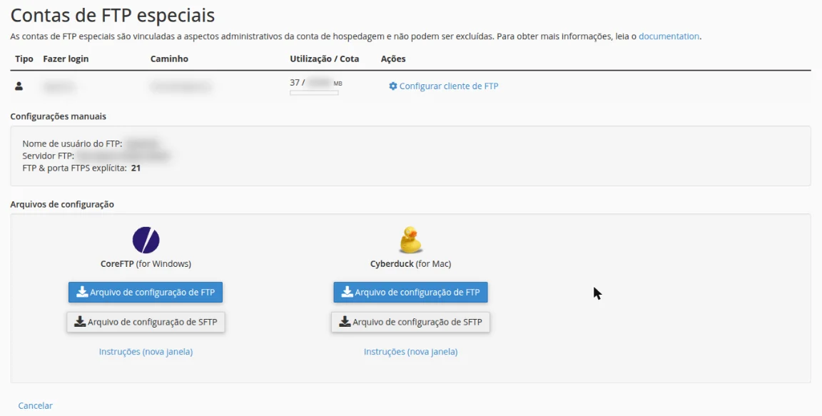 Configurações manuais da conta FTP com Nome de usuário do FTP, Servidor FTP e a porta FTP e FTPS explícita 21 borrados quando sensíveis, e os arquivos de configuração para CoreFTP e Cyberduck