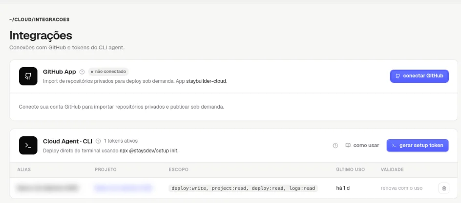Tela Integrações com o quadro GitHub App não conectado e o botão conectar GitHub