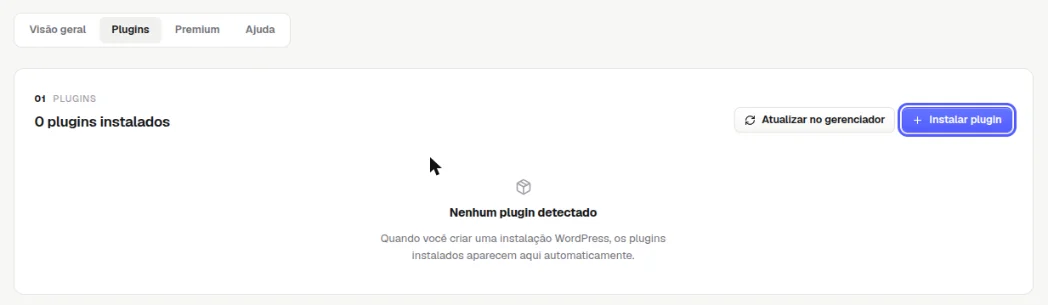 Subaba Plugins com 0 plugins instalados, a mensagem Nenhum plugin detectado e os botões Atualizar no gerenciador e Instalar plugin destacado
