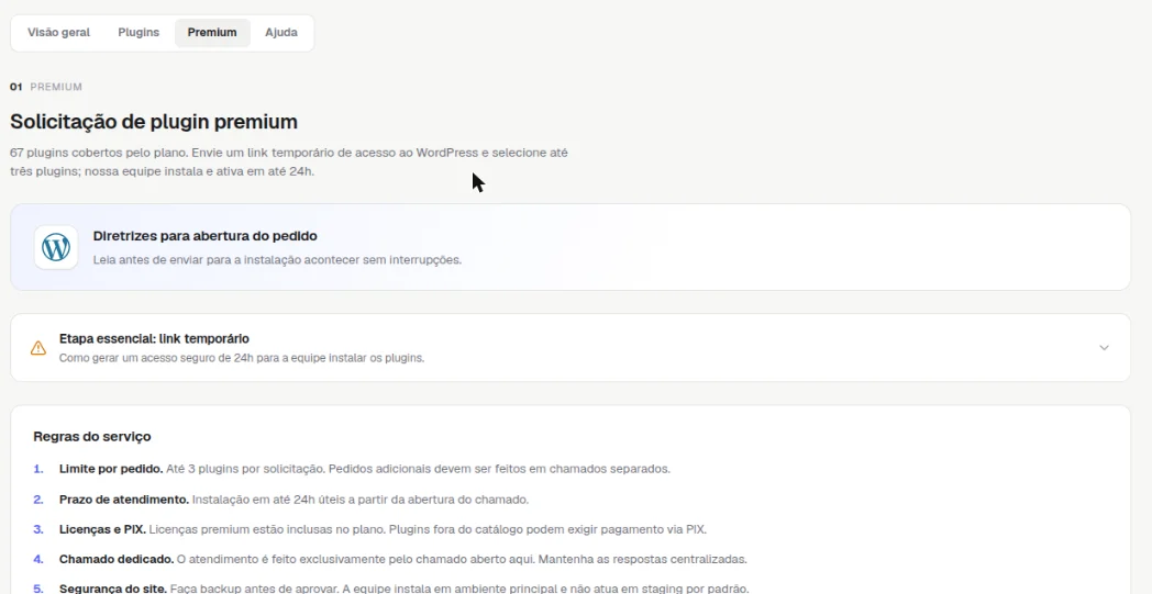 Subaba Premium com o título Solicitação de plugin premium, as diretrizes do pedido, a etapa essencial de link temporário e as regras do serviço