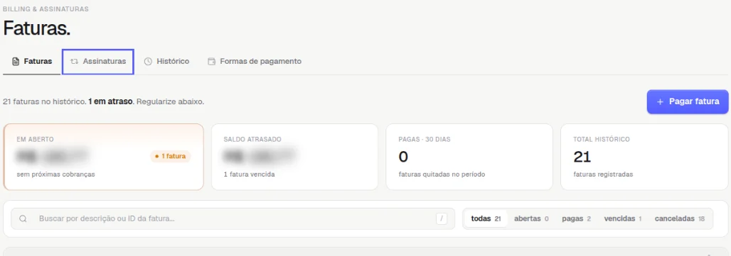 Página Faturas com a aba Assinaturas destacada