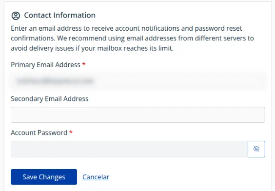 Quadro Contact Information com os campos Primary Email Address, Secondary Email Address e Account Password e os botões Save Changes e Cancelar
