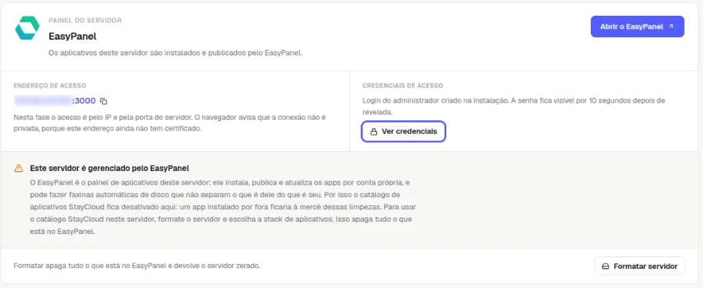 Quadro do app instalado com o endereço de acesso borrado e o botão Ver credenciais destacado, em Credenciais de acesso