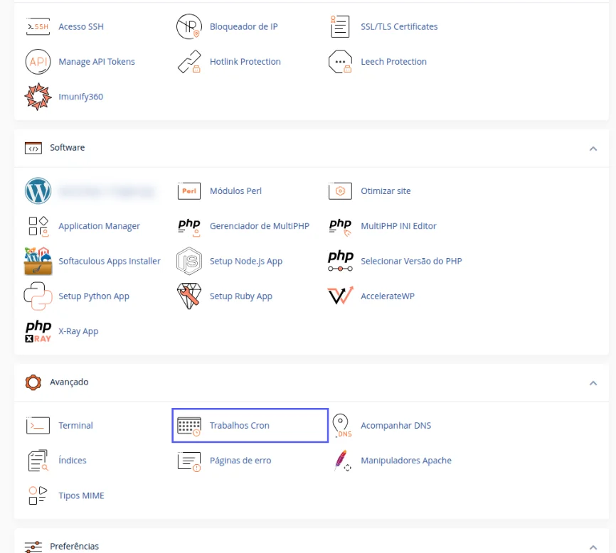 Bloco Avançado da tela inicial do cPanel com o ícone Trabalhos Cron destacado