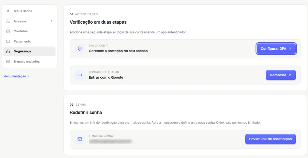 Aba Segurança com o botão Configurar 2FA destacado