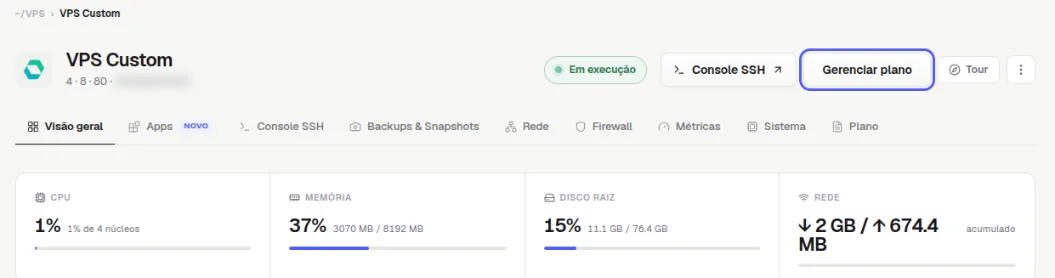 Topo da página da VPS com o botão Gerenciar plano destacado