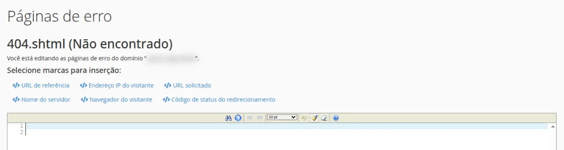 Editor da página 404.shtml com as marcas para inserção URL de referência, Endereço IP do visitante, URL solicitado, Nome do servidor, Navegador do visitante e Código de status do redirecionamento
