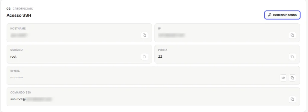 Quadro Acesso SSH com o botão Redefinir senha destacado e os campos Hostname, IP, Usuário root, Porta 22, Senha escondida e Comando SSH