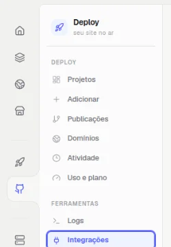 Menu do Deploy com o item Integrações destacado