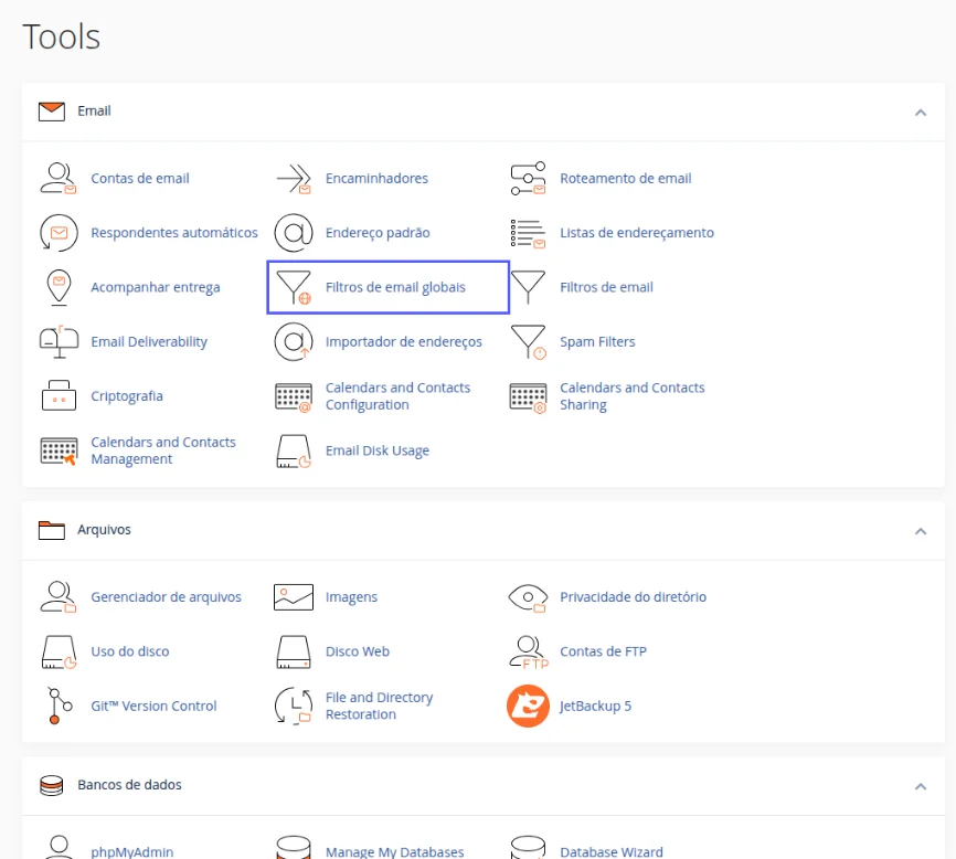 Bloco Email da tela inicial do cPanel com o ícone Filtros de email globais destacado, ao lado de Filtros de email