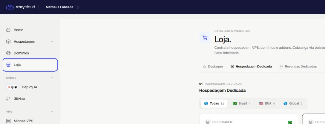 Menu da esquerda do painel com o item Loja destacado