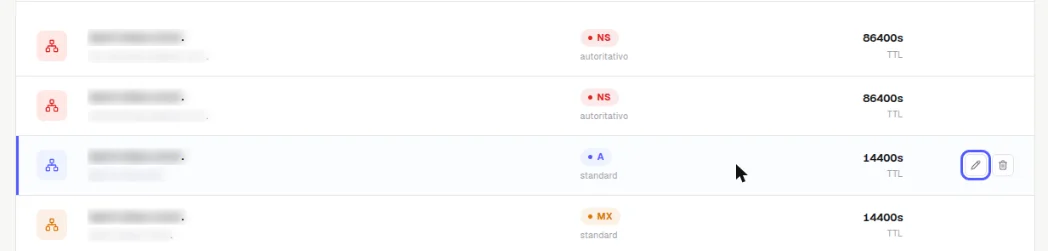 Linha de um registro A na lista com os ícones de editar, destacado, e excluir à direita