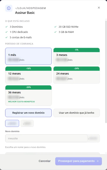 Janela Assinar Basic com o que está incluso e as opções de período de cobrança, de 1 a 36 meses, com os descontos de cada uma