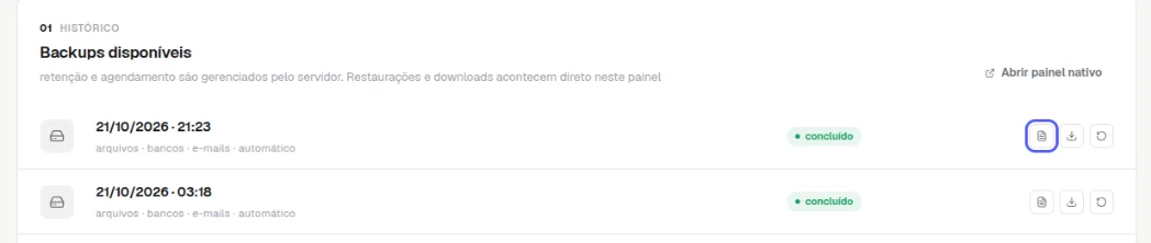 Linha de backup com o ícone Ver conteúdo do backup destacado, ao lado dos ícones Baixar e Restaurar