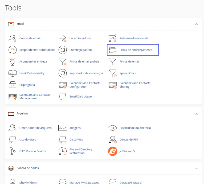 Bloco Email da tela inicial do cPanel com o ícone Listas de endereçamento destacado