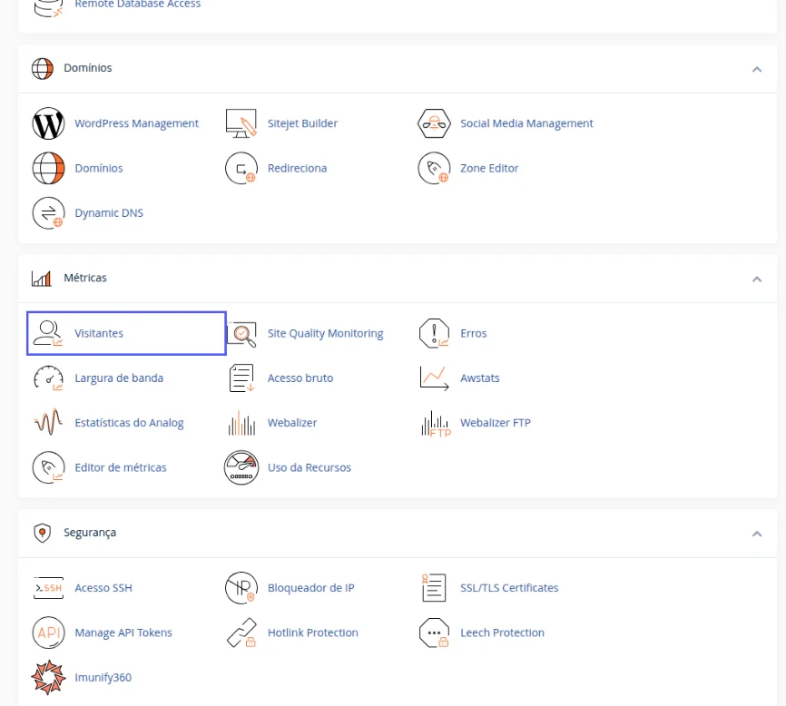 Bloco Métricas da tela inicial do cPanel com o ícone Visitantes destacado
