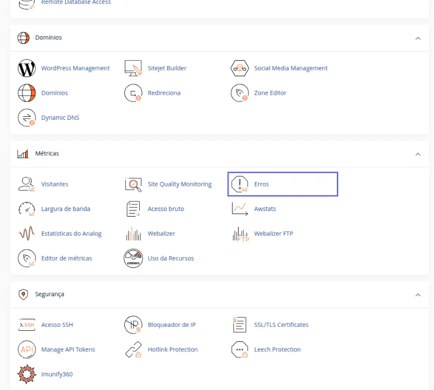 Bloco Métricas da tela inicial do cPanel com o ícone Erros destacado, ao lado de Visitantes, Site Quality Monitoring e Awstats