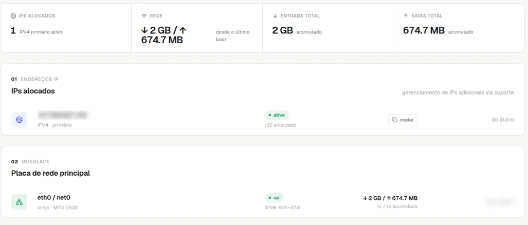 Aba Rede com os quadros IPs alocados, Rede, Entrada total e Saída total, a lista IPs alocados com o IP borrado e o botão copiar, e a Placa de rede principal eth0