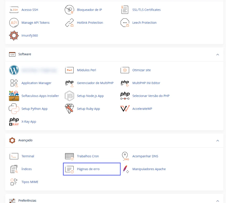 Bloco Avançado da tela inicial do cPanel com o ícone Páginas de erro destacado, ao lado de Terminal, Trabalhos Cron e Índices