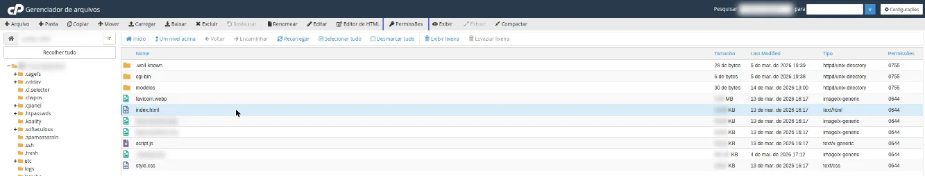 Gerenciador de arquivos com a pasta public_html aberta, o arquivo index.html selecionado e o botão Permissões destacado na barra do topo; a coluna Permissões mostra 0755 nas pastas e 0644 nos arquivos