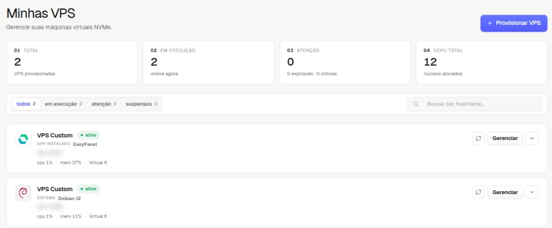Página Minhas VPS com os totais no topo e duas VPS listadas, cada uma com o botão Gerenciar à direita