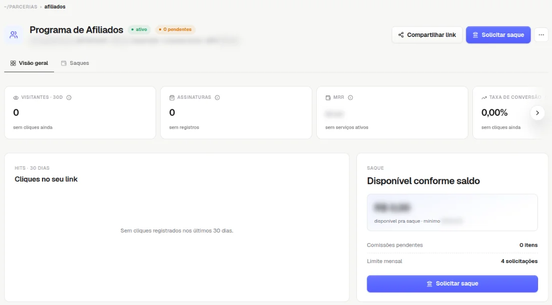 Área Programa de Afiliados, aba Visão geral, com os indicadores de visitantes, assinaturas, MRR e taxa de conversão, o gráfico de cliques e o quadro de saque