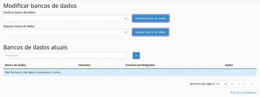 Seção Modificar bancos de dados com as listas Verificar banco de dados e Reparar banco de dados e os botões Verificar banco de dados e Reparar banco de dados destacados, e a lista Bancos de dados atuais