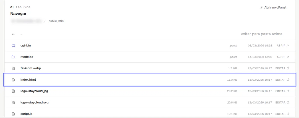Conteúdo da pasta public_html com a linha voltar para pasta acima, as pastas e os arquivos, cada arquivo com o botão Editar à direita
