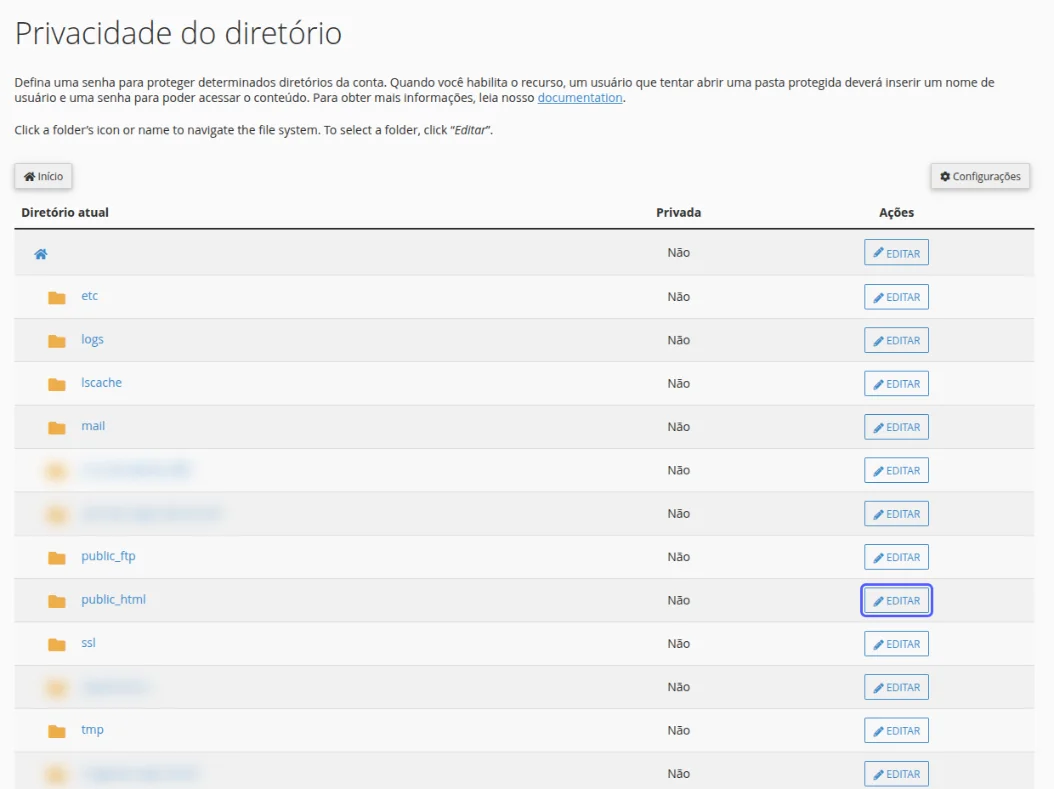 Página Privacidade do diretório com a lista de pastas, a coluna Privada mostrando Não e o botão Editar destacado na linha public_html