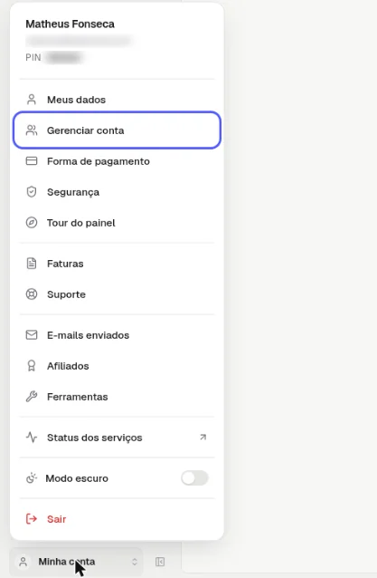 Menu Minha conta aberto com a opção Gerenciar conta destacada