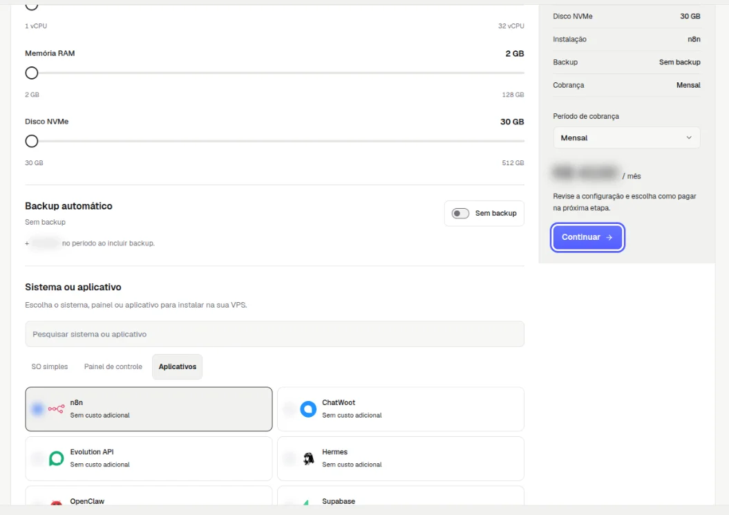 Quadro Sua VPS com o resumo, o período de cobrança, o valor borrado e o botão Continuar destacado; à esquerda, Backup automático e Sistema ou aplicativo com a aba Aplicativos aberta