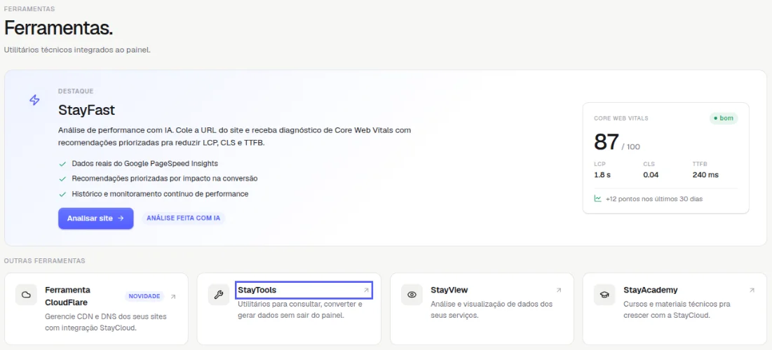 Página Ferramentas com o cartão StayTools destacado