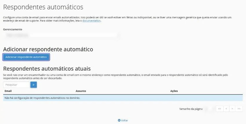 Página Respondentes automáticos com a lista Gerenciamento, o botão Adicionar respondente automático destacado e a lista Respondentes automáticos atuais vazia