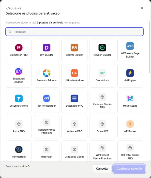 Janela Selecione os plugins para ativação com o campo Pesquisar destacado, os cartões de plugins como Elementor PRO, WP Rocket e Perfmatters e o botão Confirmar seleção destacado