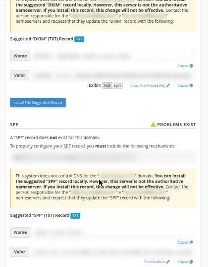 Seção SPF marcada como Problems Exist, com os mecanismos que o registro precisa incluir e o registro SPF sugerido com Nome e Valor borrados
