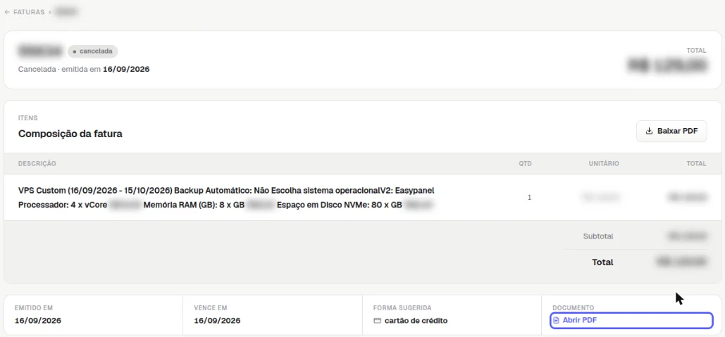 Detalhe da fatura com o link Abrir PDF destacado no quadro Documento