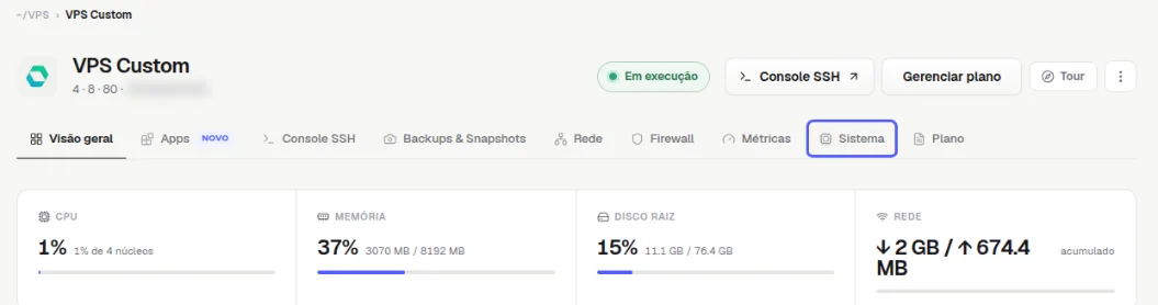 Abas da VPS com a aba Sistema destacada