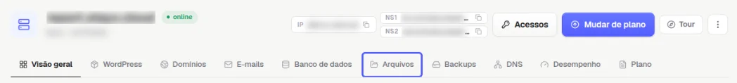 Fileira de abas da página do site com a aba Arquivos destacada