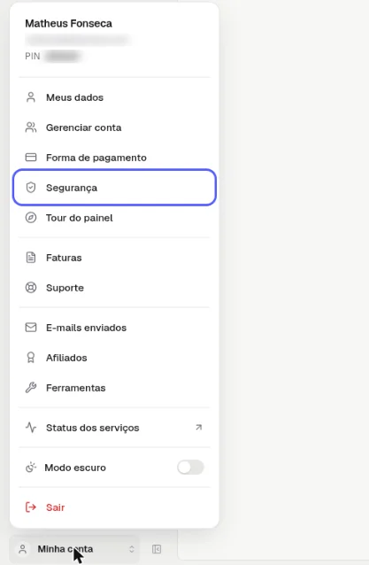Menu Minha conta aberto com a opção Segurança destacada